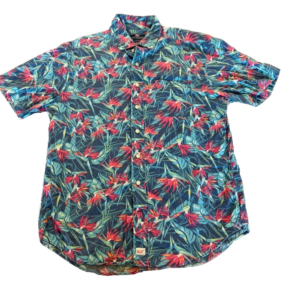 Vineyard Vines Hawaiian Shirt Mens Medium Classic Fit Murray Blue Short Sleeve